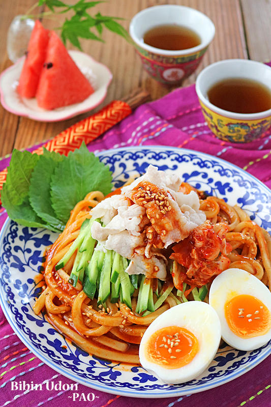 韓国ビビン麺風♪和えるだけで簡単！旨辛豚しゃぶ冷やしうどん