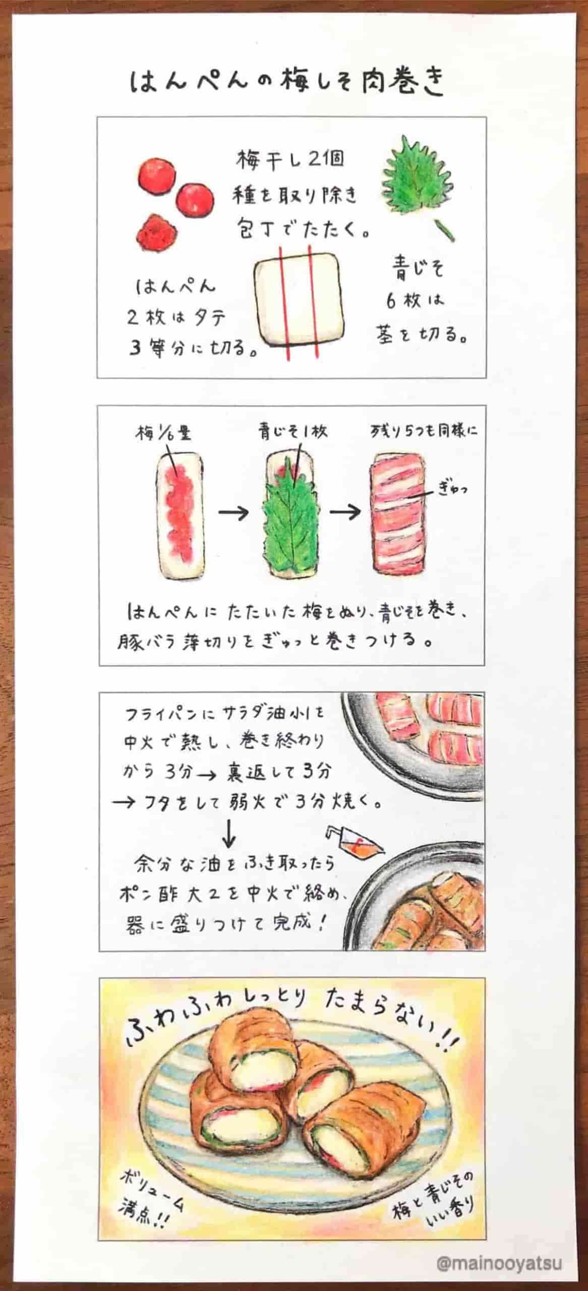 はんぺんの梅しそ肉巻き　まいのおやつ　作り方