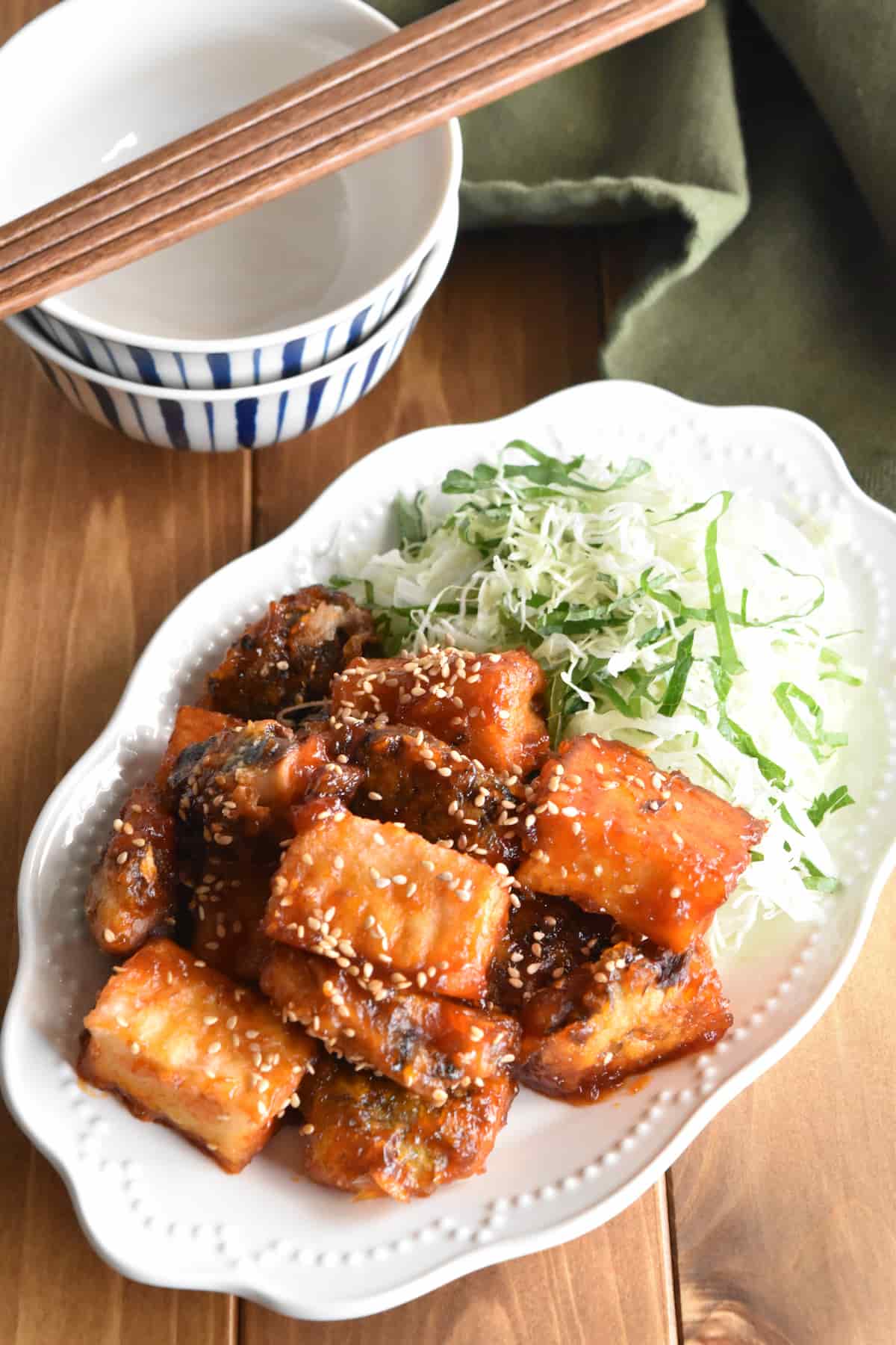 出来上がり(「ヤンニョムさば」レシピ)