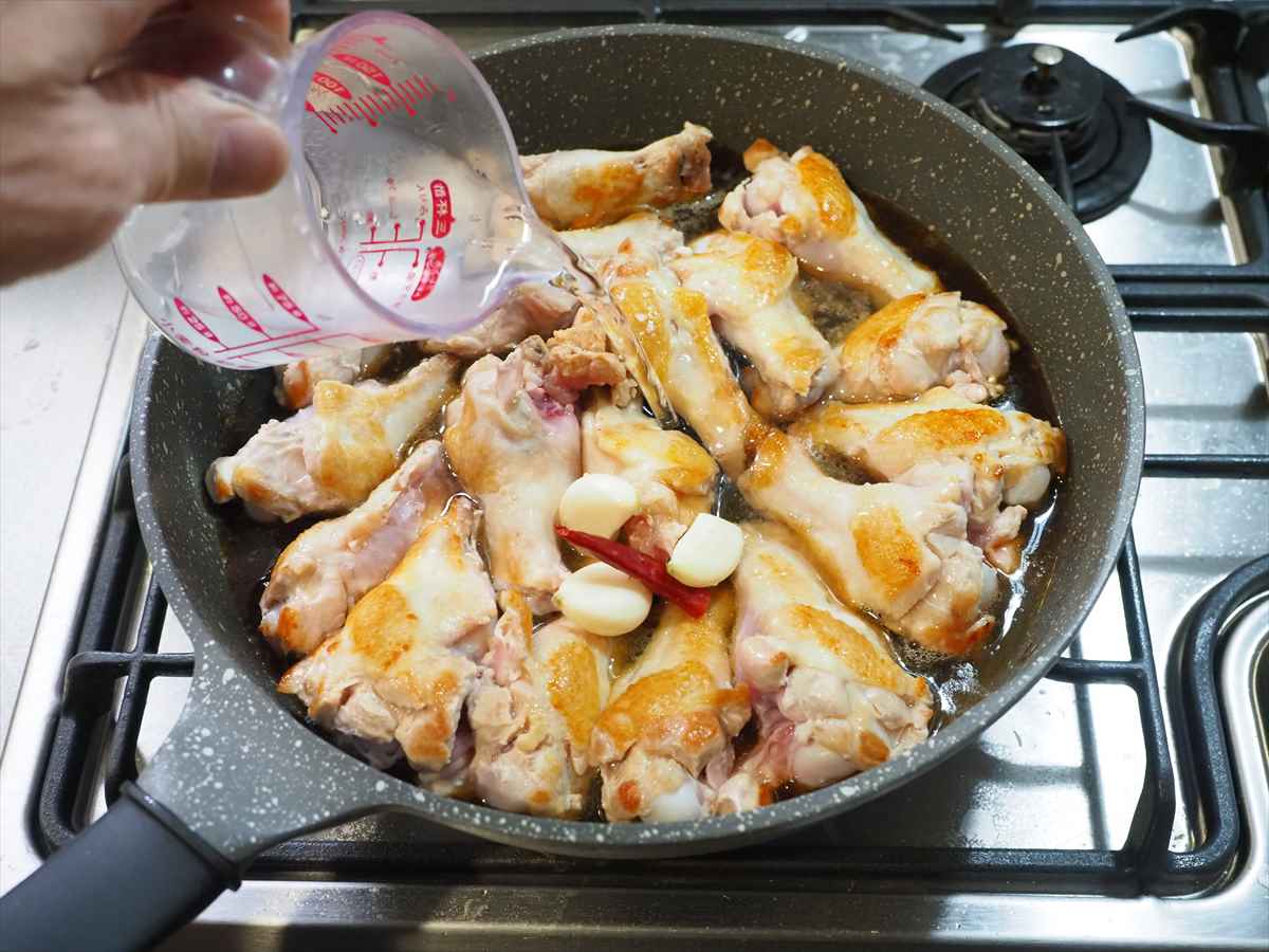 手羽元の甘酢煮、フライパンで大量調理