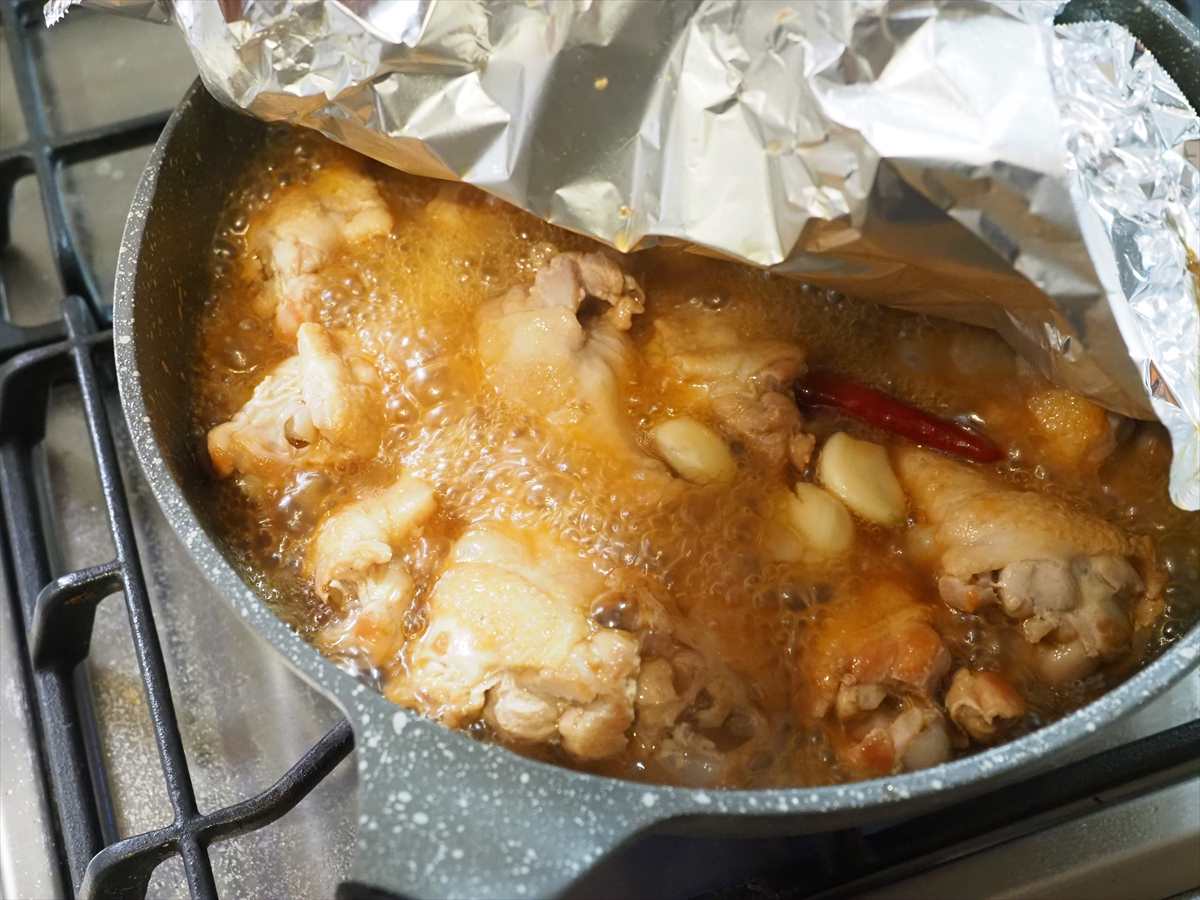 手羽元の甘酢煮、フライパンで大量調理
