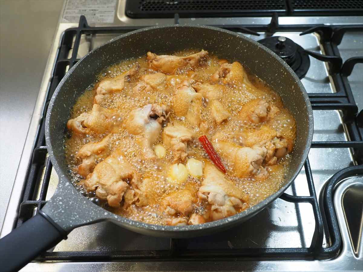 手羽元の甘酢煮、フライパンで大量調理