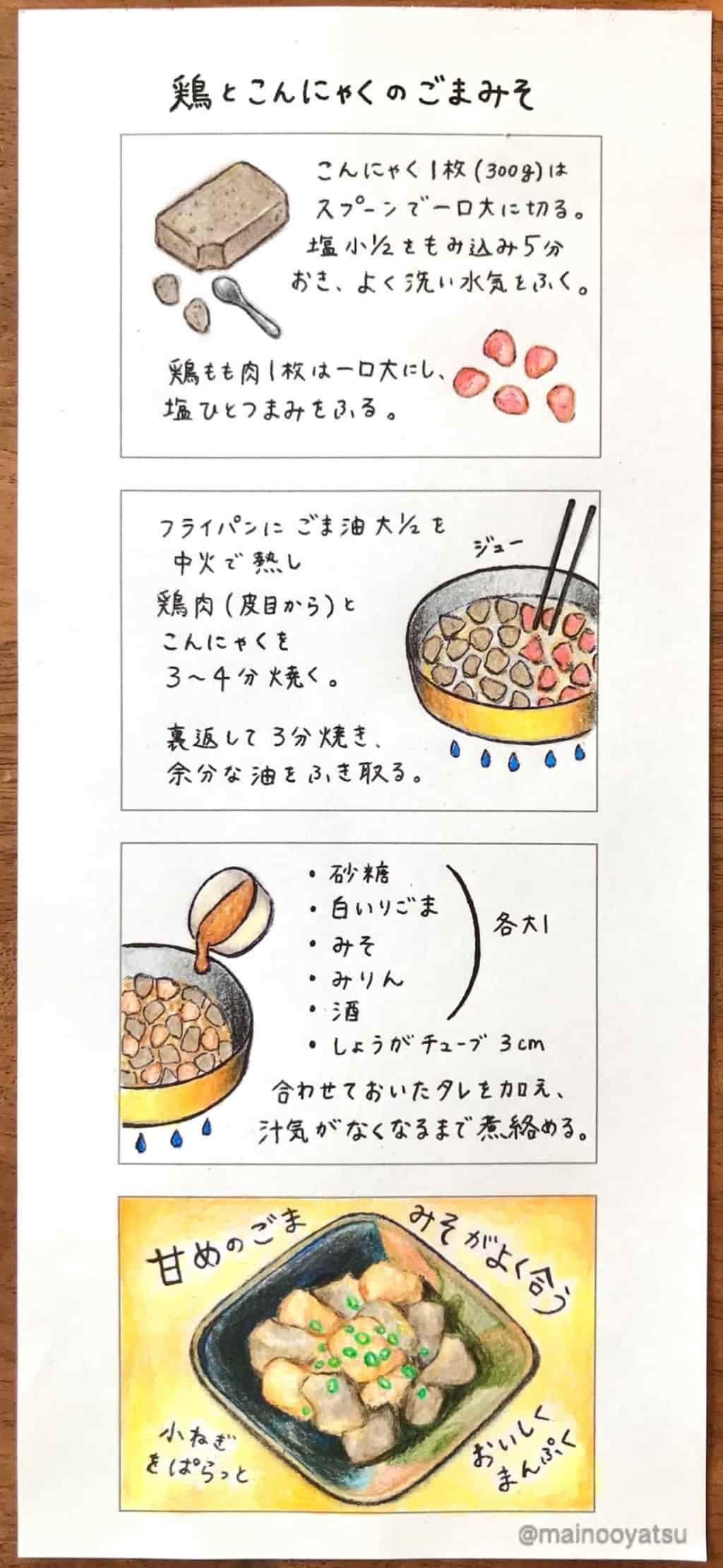 イラストレシピ まいのおやつ 鶏とこんにゃくのごまみそ