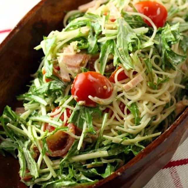 子ども大好きな味♪「水菜とハムのパスタサラダ」の作り方