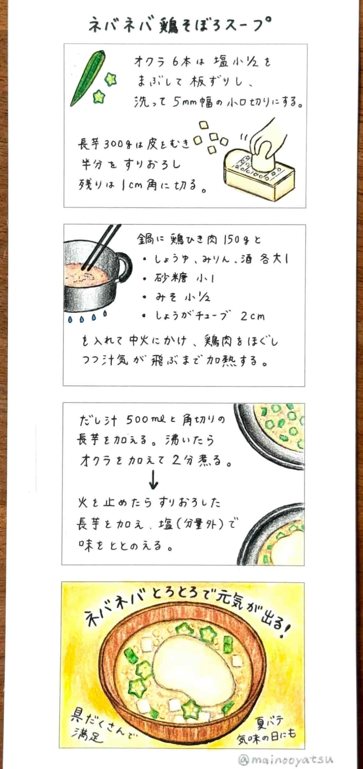 ４コマレシピ  ネバネバ鶏そぼろスープ まいのおやつ