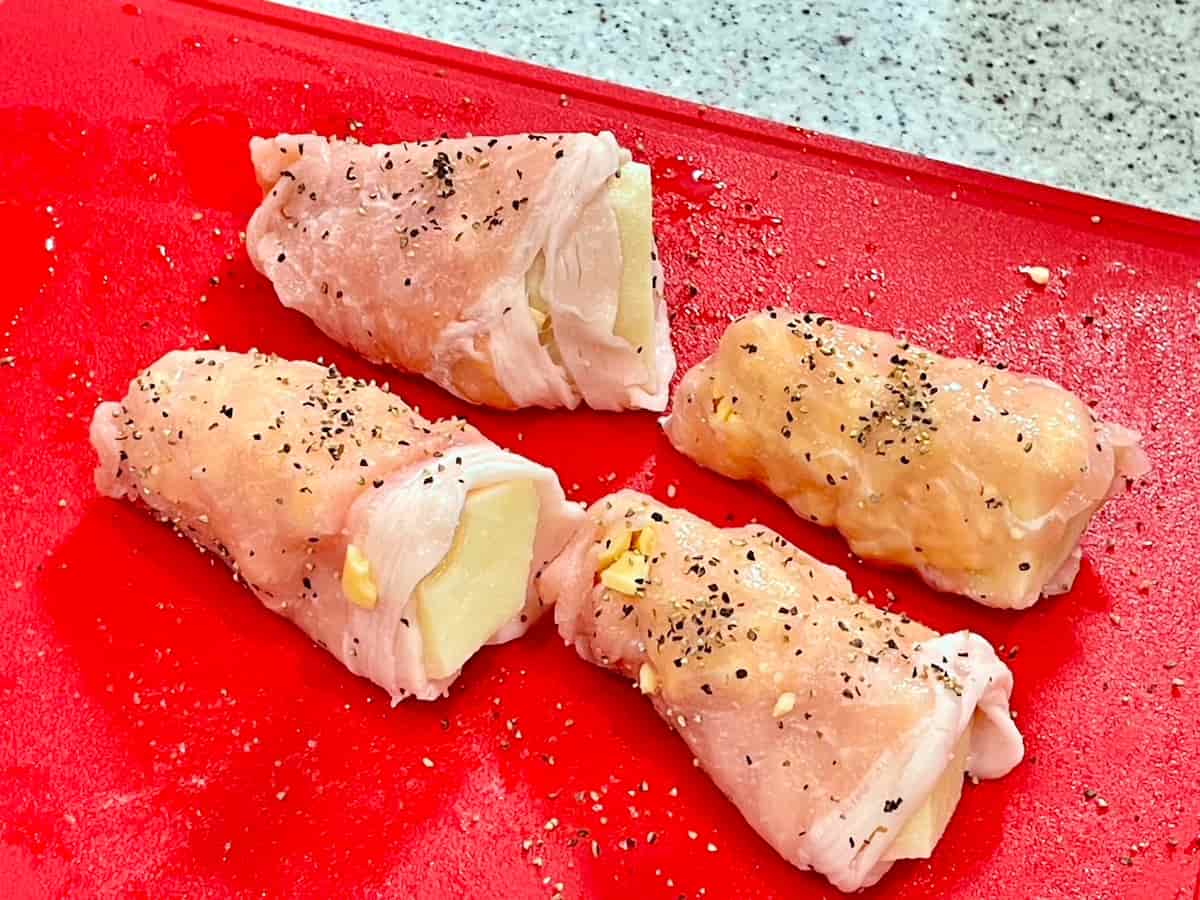 たけのこチーズの豚肉巻きピカタ